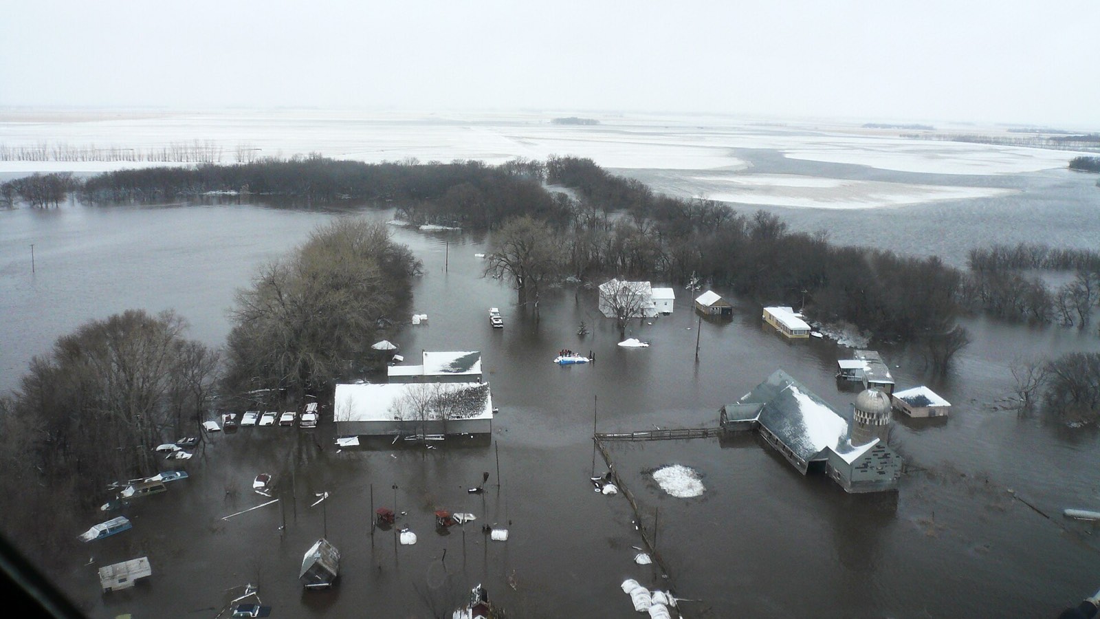 Aerial view of a flooded river valley