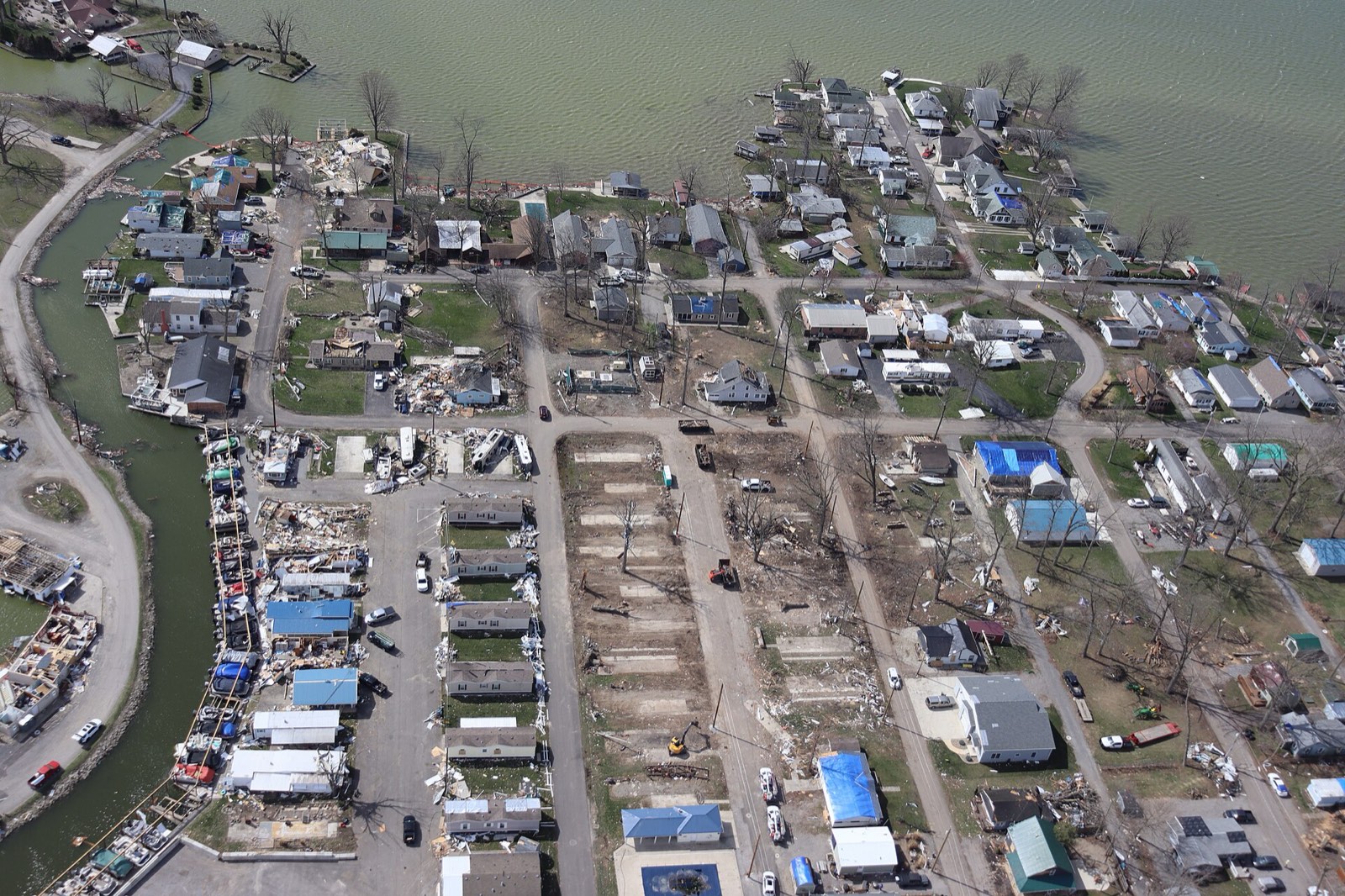 Aerial view of severe tornado damage